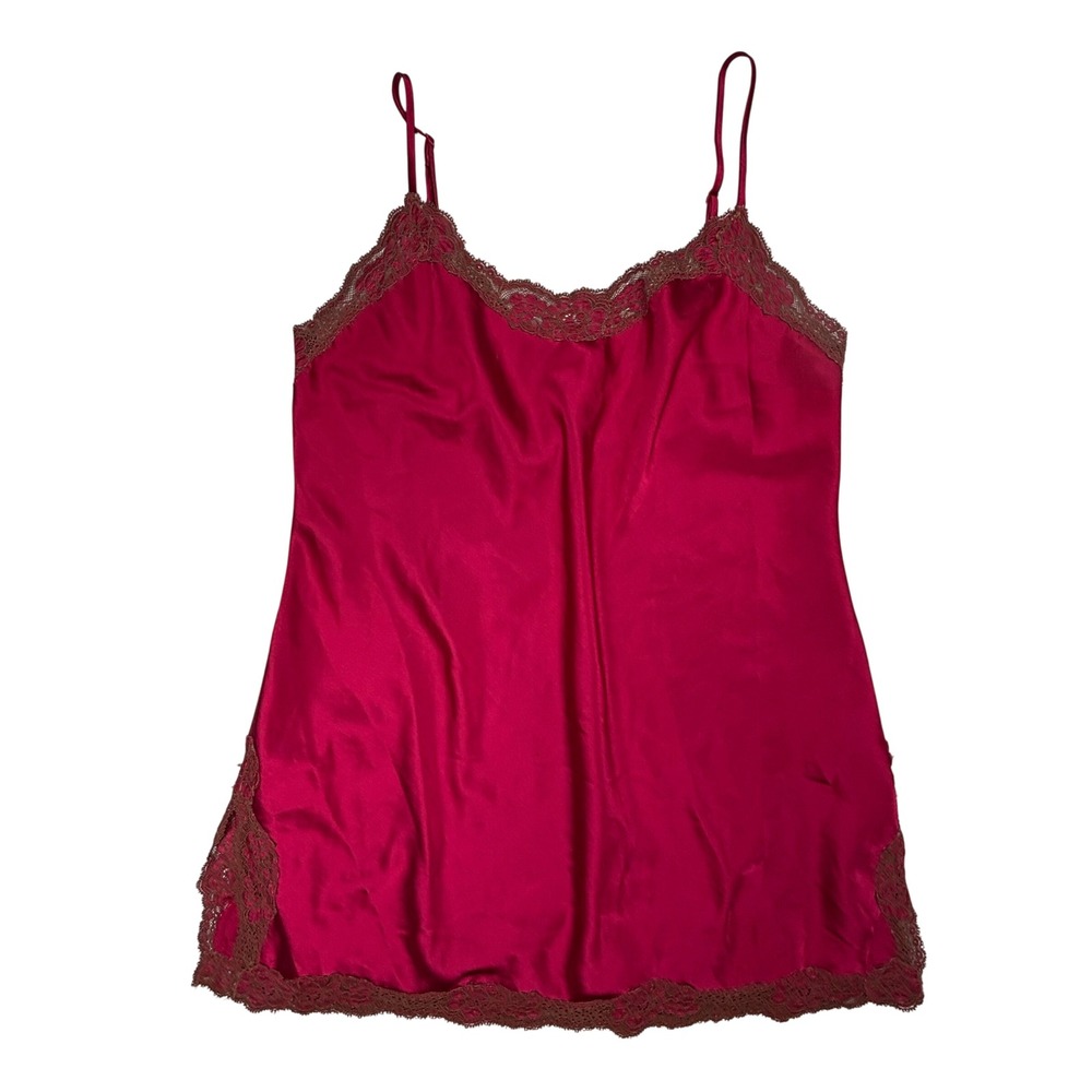 VTG Victoria's Secret Red Cami Babydoll Dress Brown Lace Trim Medium GUC